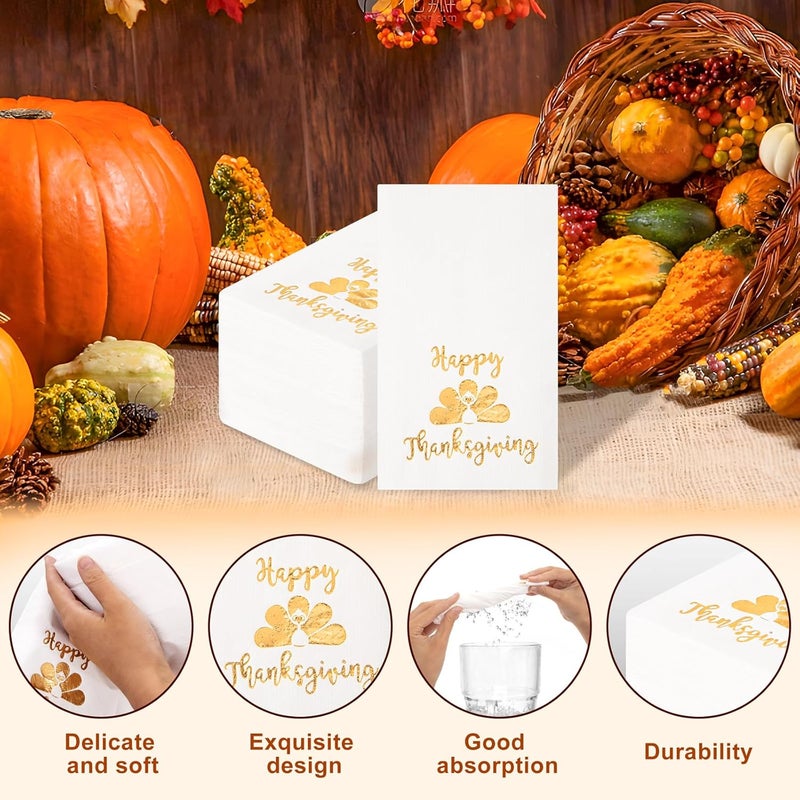 WDF 100 Pack Thanksgiving Napkins Paper - 3ply Fall Paper Napkins With Golden Turkey-15.8 x 13 Inches Disposable Napkins - Image 4